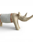 Beaded Wooden Rhino Statue - Natural/White Beads