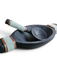 African Beaded Wooden Bowl and Spoon - White Beading