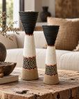 African Beaded Wooden Candle Holders Ethnic Design - White beading Beading