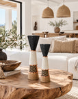 African Beaded Wooden Candle Holders Ethnic Design - White beading Beading