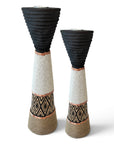 African Beaded Wooden Candle Holders Ethnic Design - White beading Beading