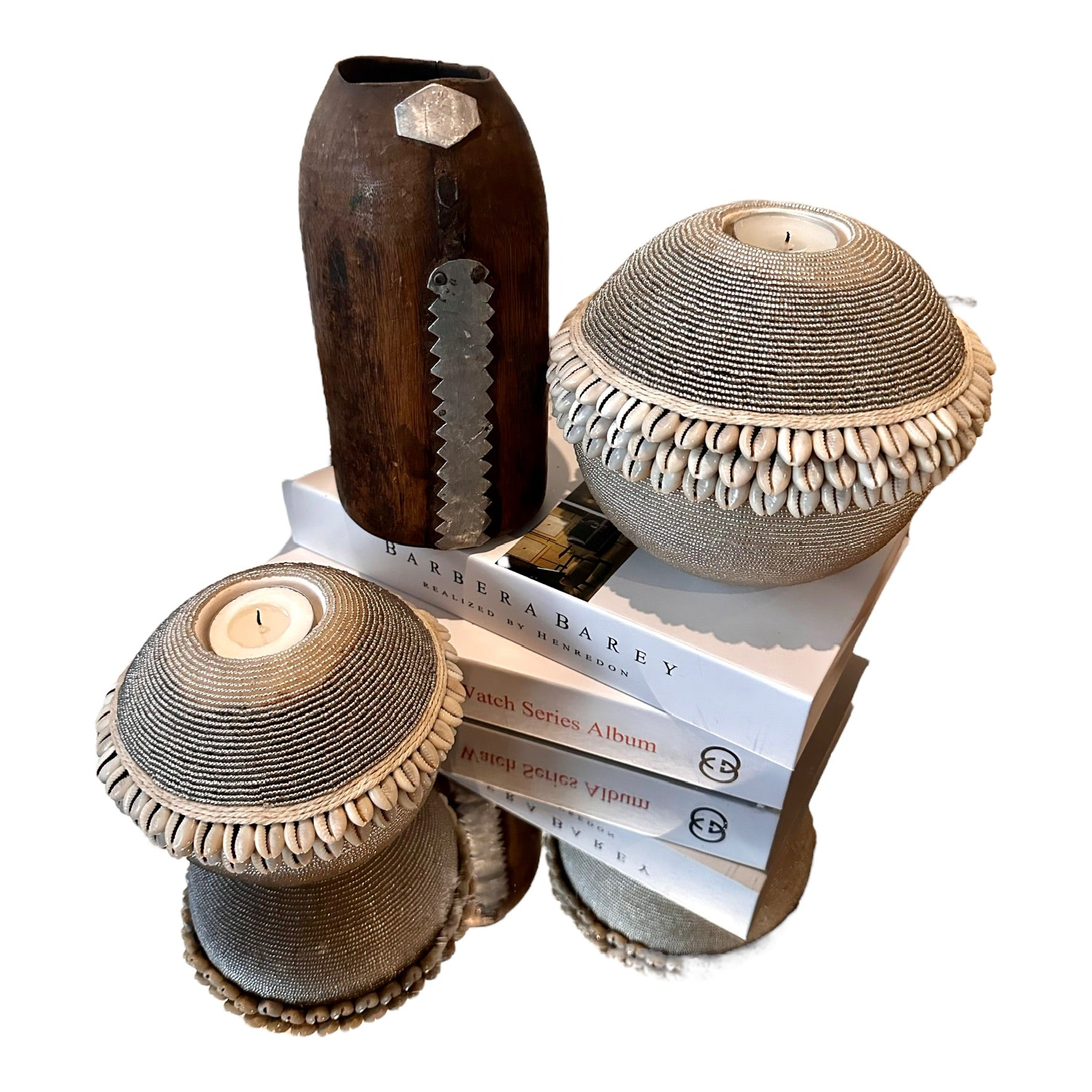 NEW - SHELL / Beaded Tea Lights - SILVER - eyahomeliving