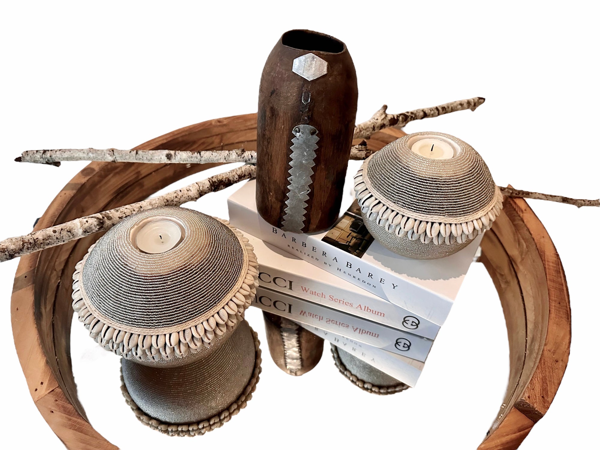 NEW - SHELL / Beaded Tea Lights - SILVER - eyahomeliving