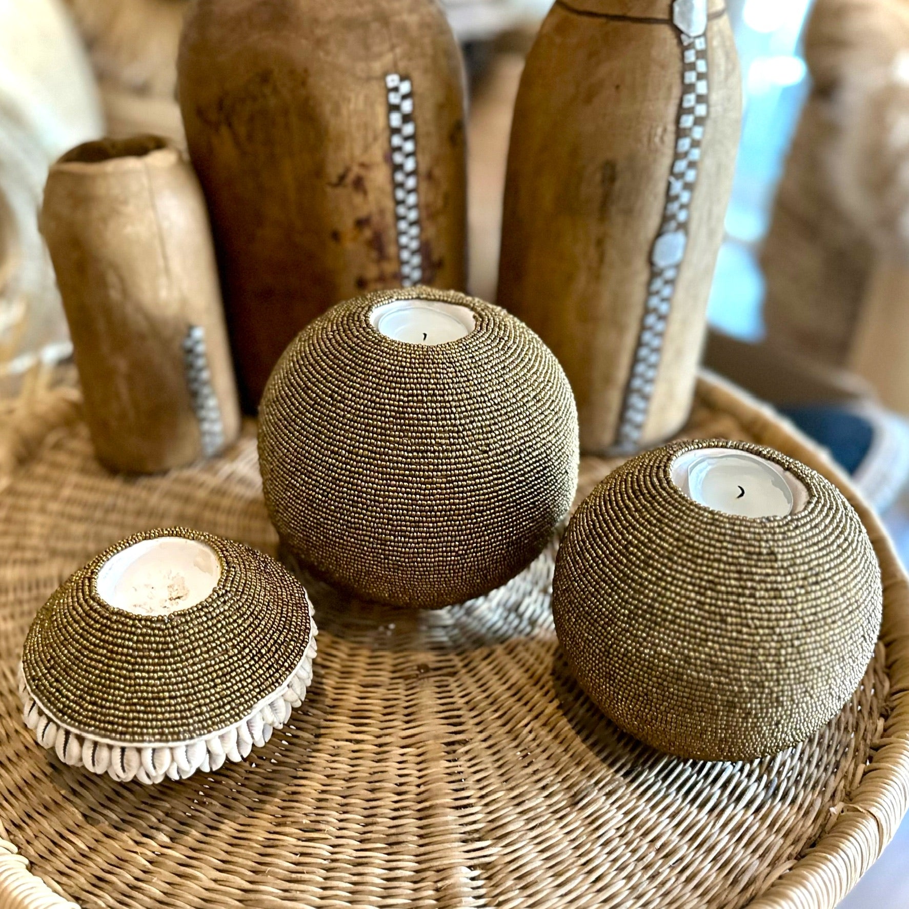 NEW -  Beaded Tea Lights - Gold - eyahomeliving