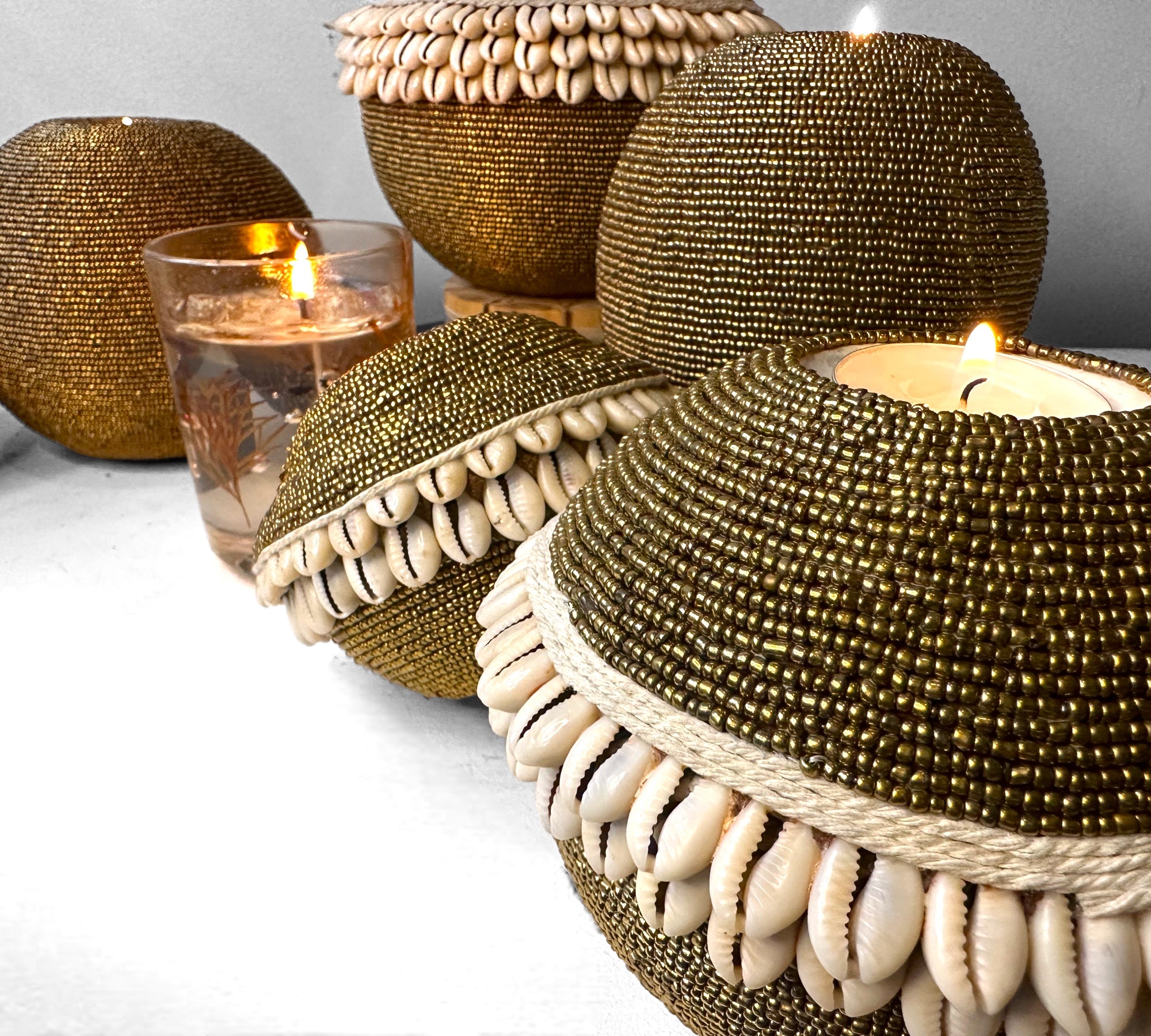 NEW -  Beaded Tea Lights - Gold - eyahomeliving