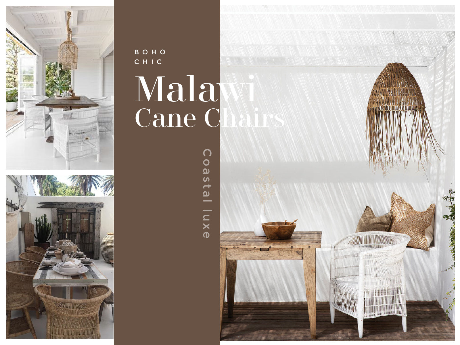 Boho Coastal Luxe Malawi Cane Chair styling – White and natural cane chairs styled in indoor/outdoor lifestyle spaces with earthy tones and modern African decor.