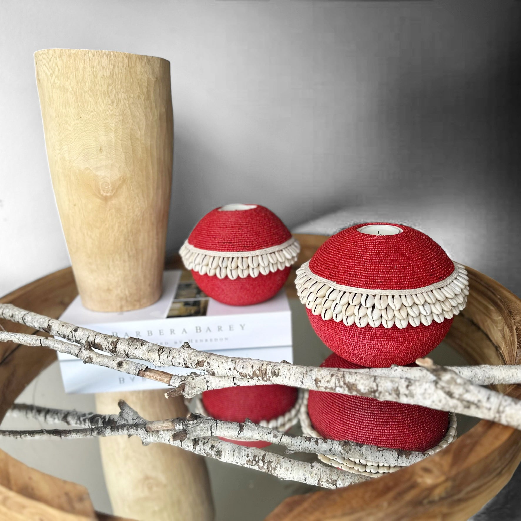 Beaded/Shell Tea Lights - RED - eyahomeliving