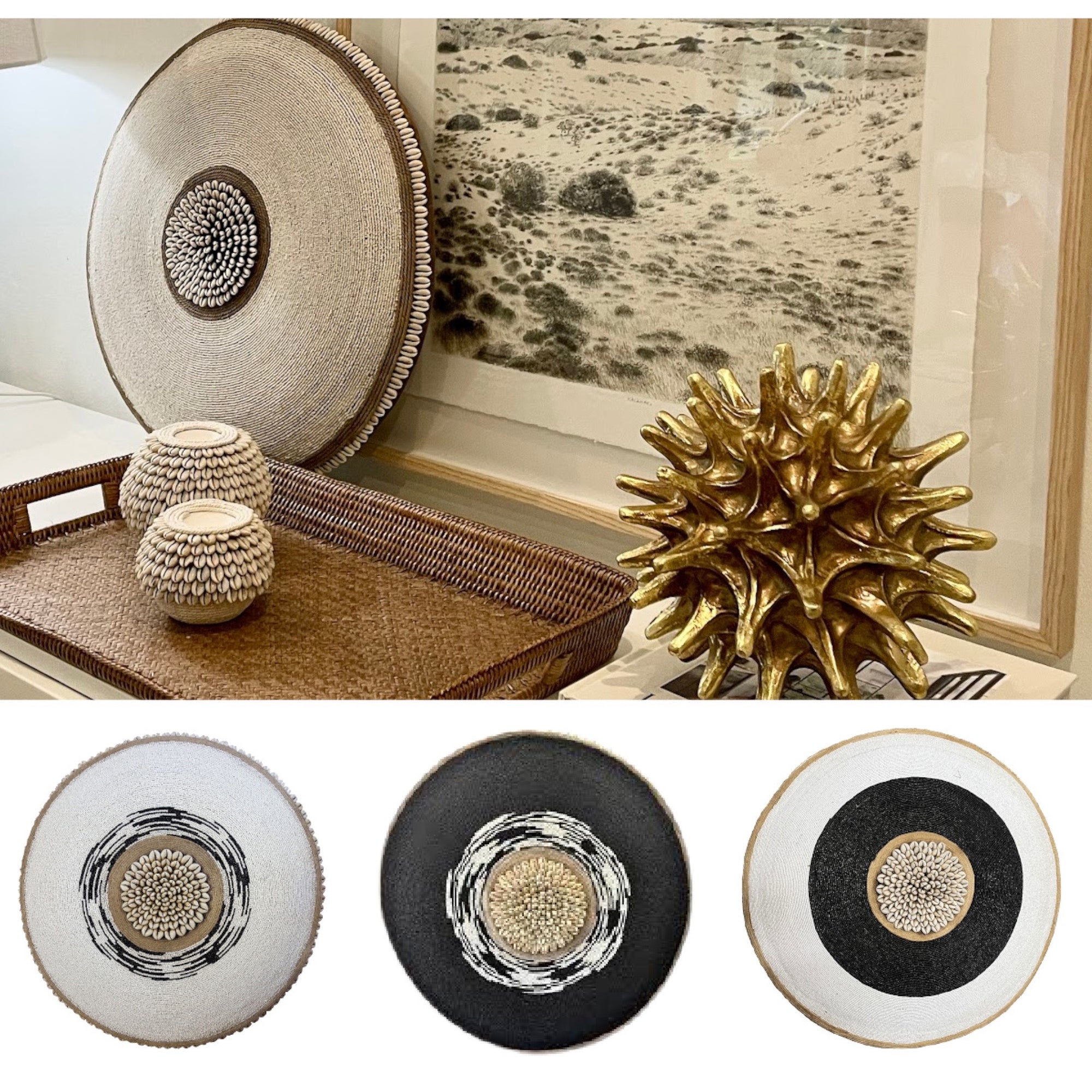 African Beaded Shield - White / Black Detail - eyahomeliving