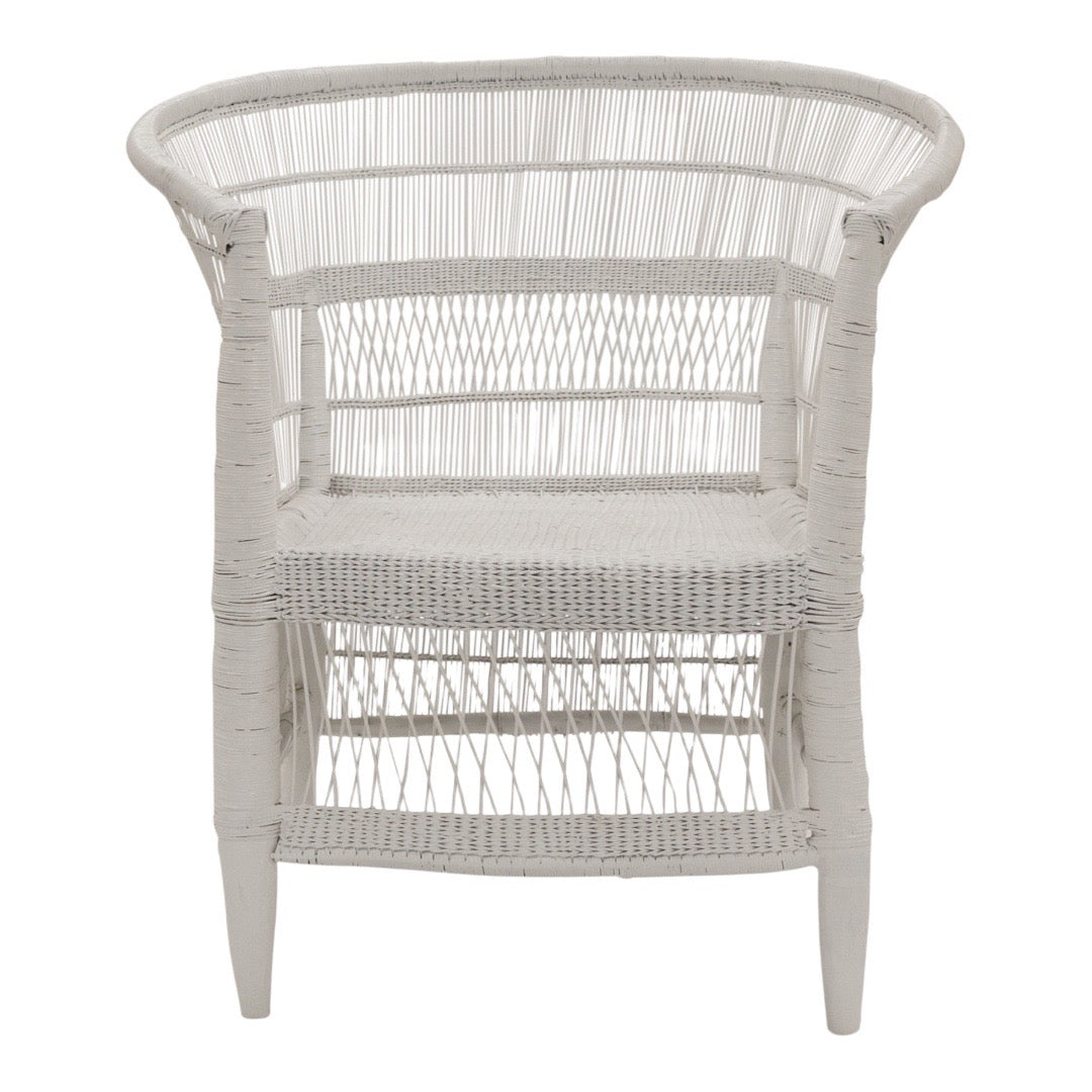 Front view of painted white Malawi Cane Chair – Clean background emphasising the unique handcrafted structure and elegant symmetry.