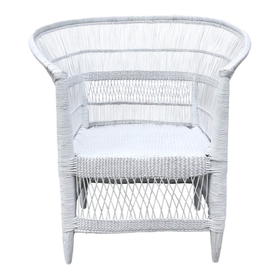 Front view of white Malawi Cane Chair – Crisp, detailed view showcasing the traditional handwoven craftsmanship and rounded backrest.