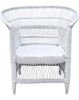 Front view of white Malawi Cane Chair – Crisp, detailed view showcasing the traditional handwoven craftsmanship and rounded backrest.