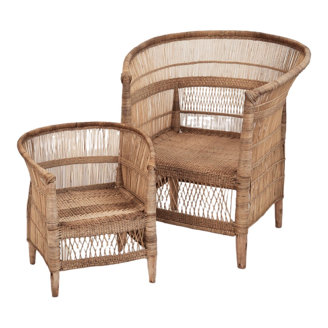 Pair of Malawi Cane Chairs in adult and kids sizes – Handmade natural finish chairs shown side-by-side, showcasing size difference.