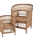 Pair of Malawi Cane Chairs in adult and kids sizes – Handmade natural finish chairs shown side-by-side, showcasing size difference.