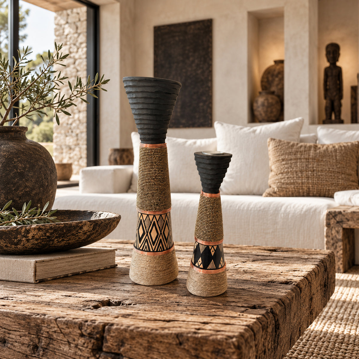 African Beaded Wooden Candle Holders Ethnic Design - Gold beading Beading