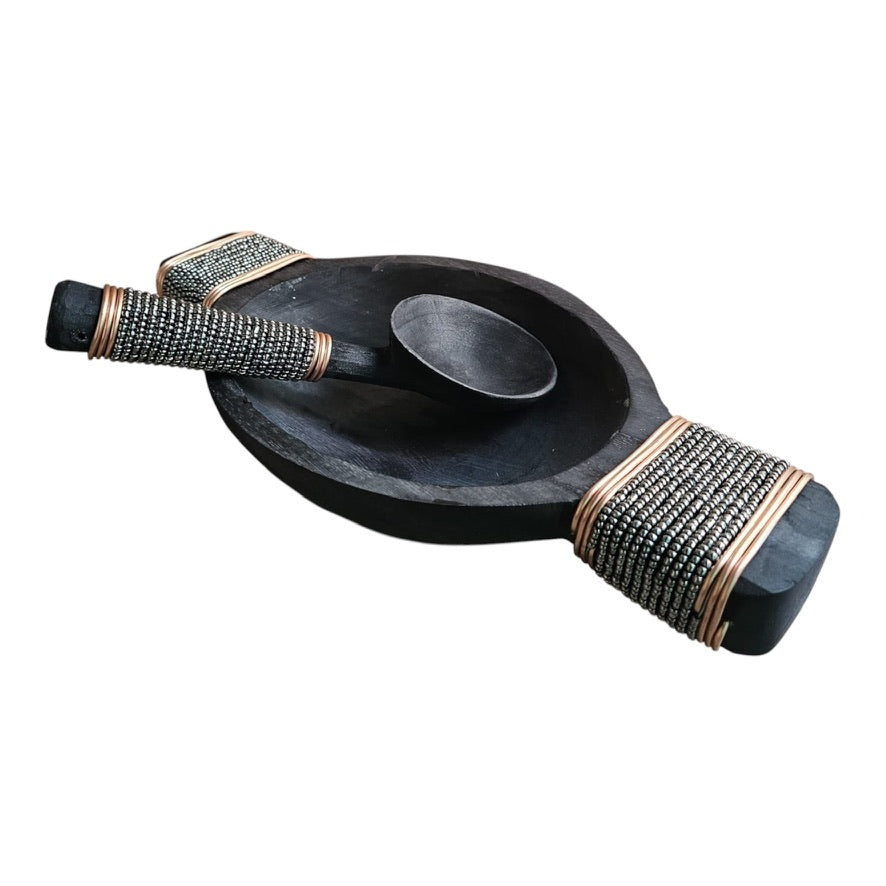 African Beaded Wooden Bowl and Spoon - Silver Beading