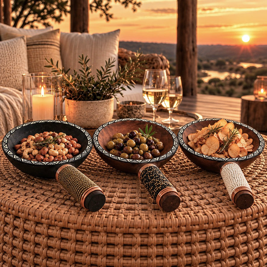 African Beaded Wooden Snack Bowls/Decorative - White Beading