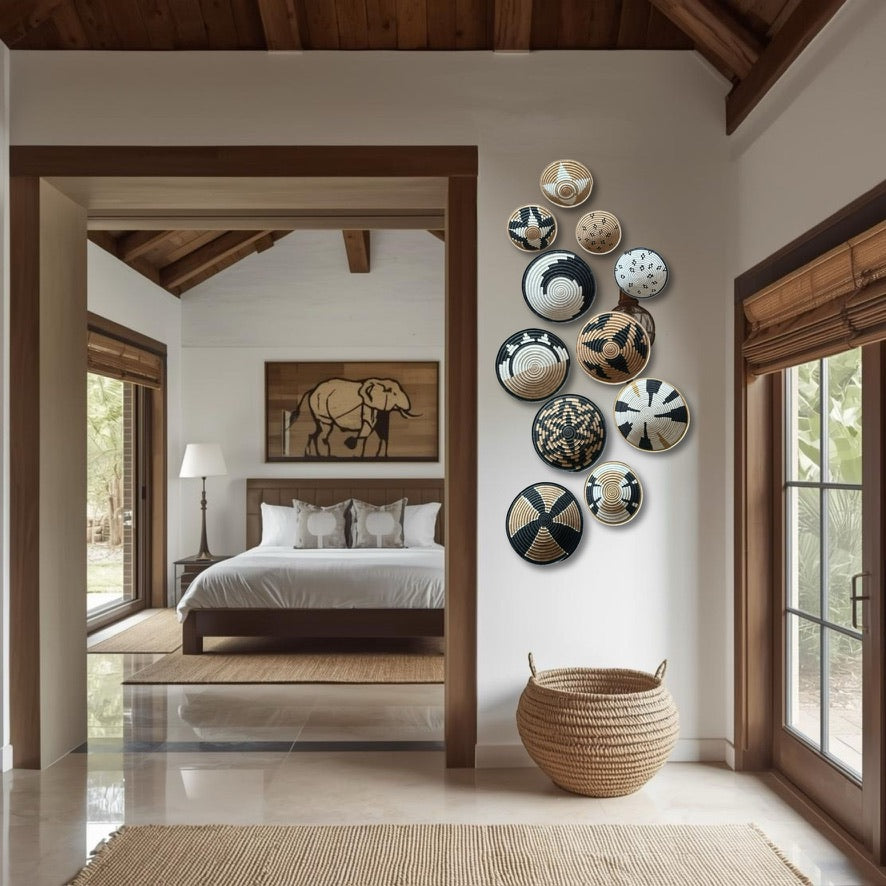 Rwanda Basket Wall Decor Set - 11 Piece Tan/Black/White (Sisal Imported)