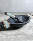 African Beaded Wooden Bowl and Spoon - White Beading