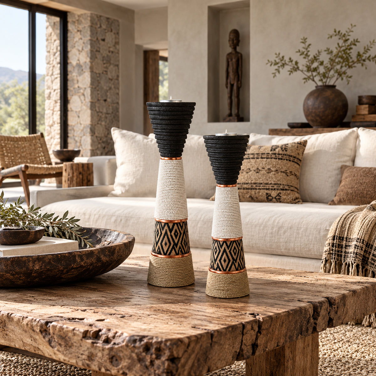 African Beaded Wooden Candle Holders Ethnic Design - White beading Beading