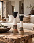African Beaded Wooden Candle Holders Ethnic Design - White beading Beading