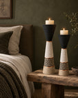 African Beaded Wooden Candle Holders Ethnic Design - White beading Beading
