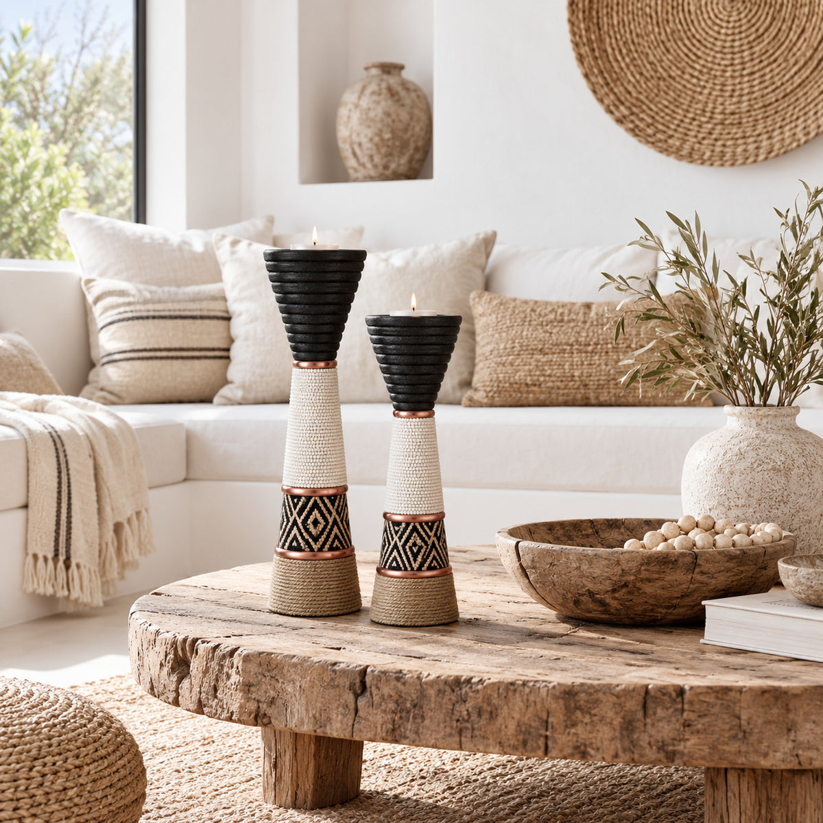 African Beaded Wooden Candle Holders Ethnic Design - White beading Beading