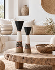 African Beaded Wooden Candle Holders Ethnic Design - White beading Beading