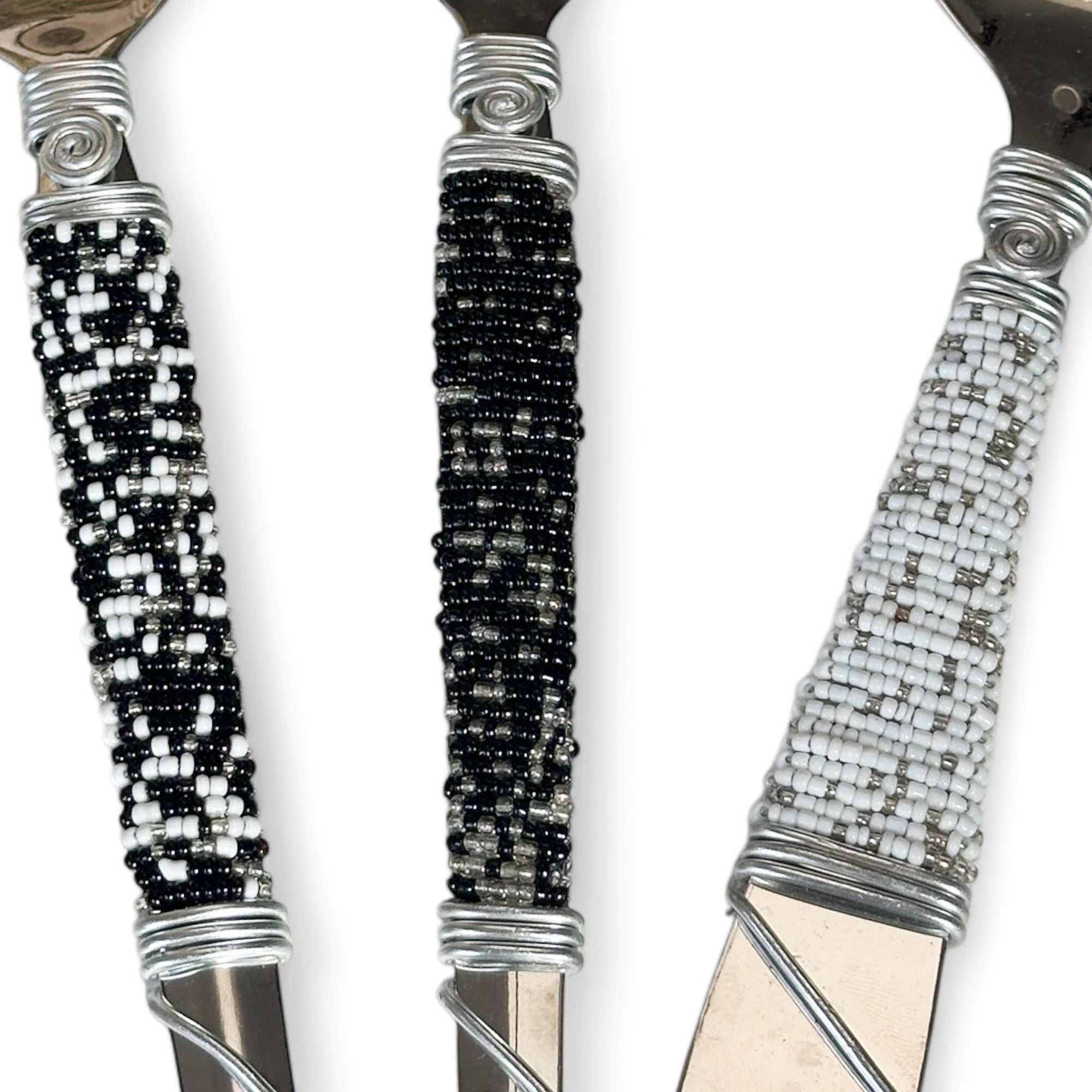 Silver Beaded African Serving Spoon - White/Black