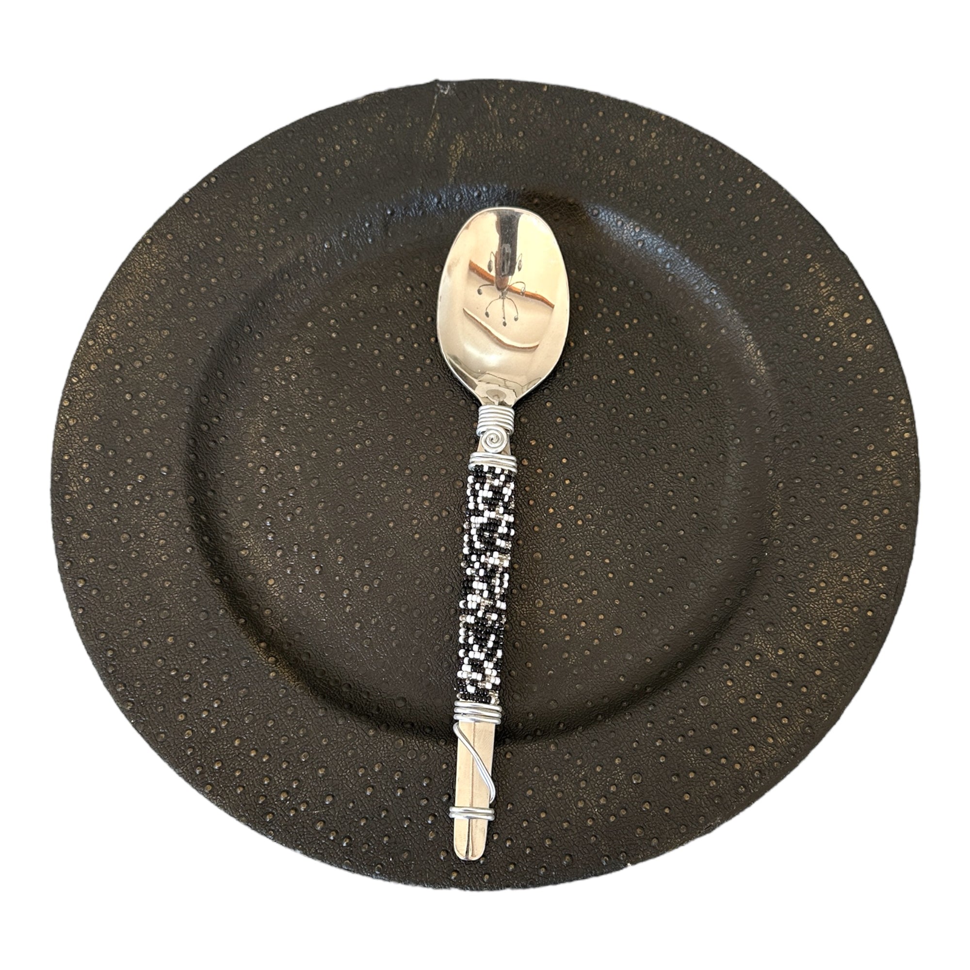 Silver Beaded African Serving Spoon - White/Black