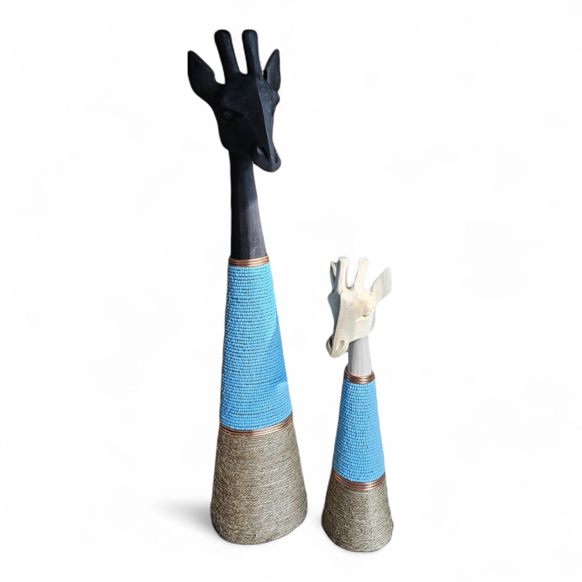 Beaded Wooden Giraffe Statue - Natural/Blue Beads