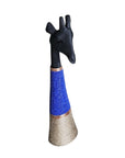 Beaded Wooden Giraffe Statue - Black/Royal Blue Beads
