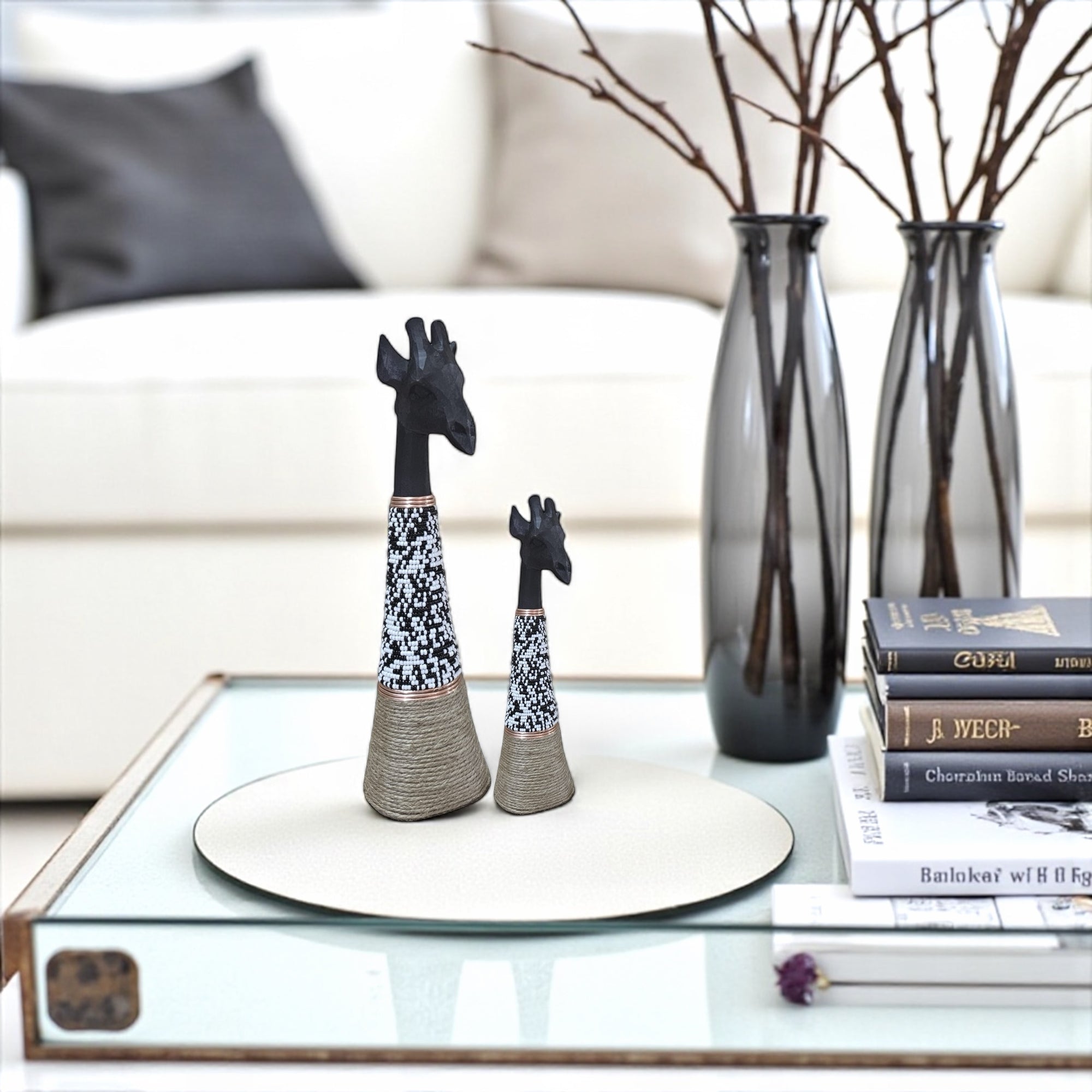 Beaded Wooden Giraffe Statue - Black/B/W Speckle