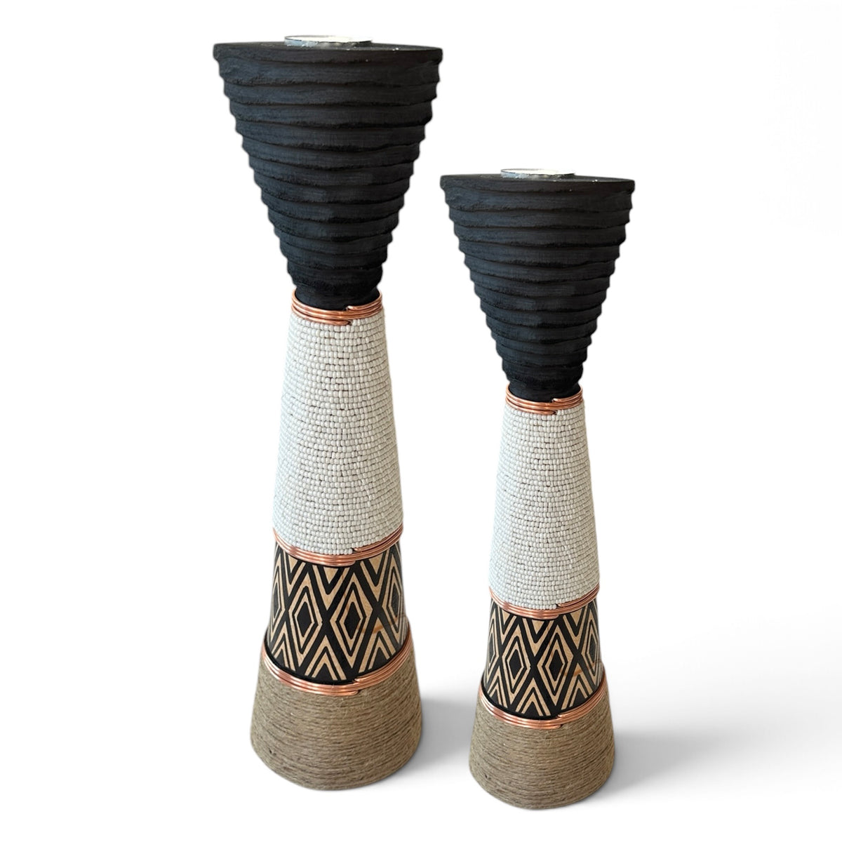 African Beaded Wooden Candle Holders Ethnic Design - White beading Beading