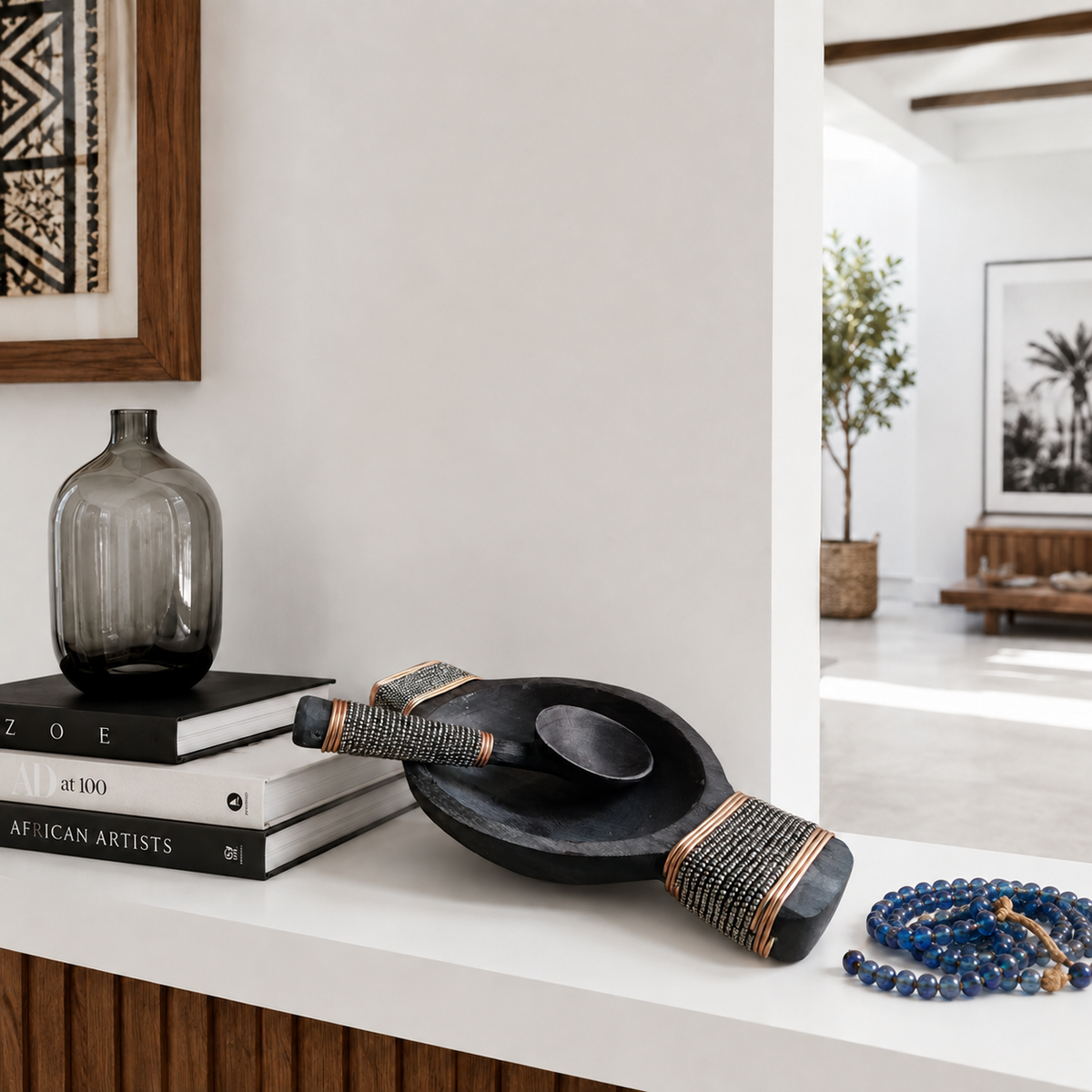 African Beaded Wooden Bowl and Spoon - Silver Beading