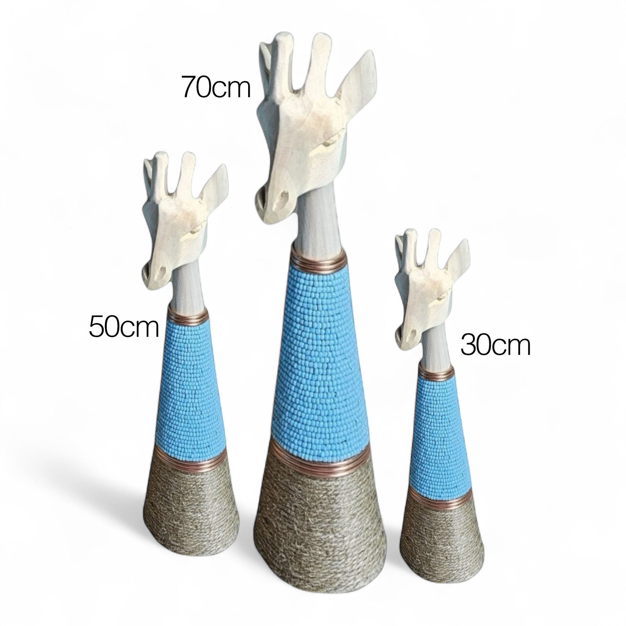 Beaded Wooden Giraffe Statue - Natural/Blue Beads