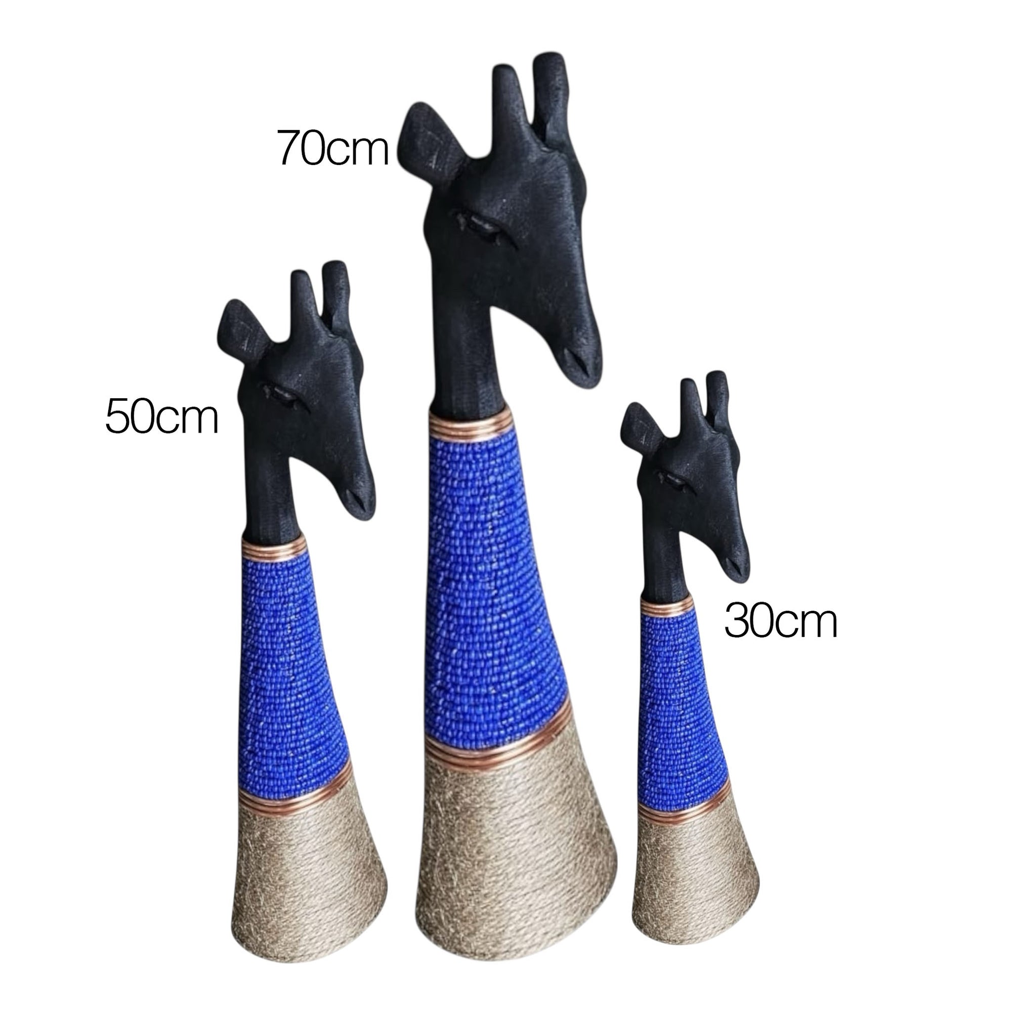 Beaded Wooden Giraffe Statue - Black/Royal Blue Beads