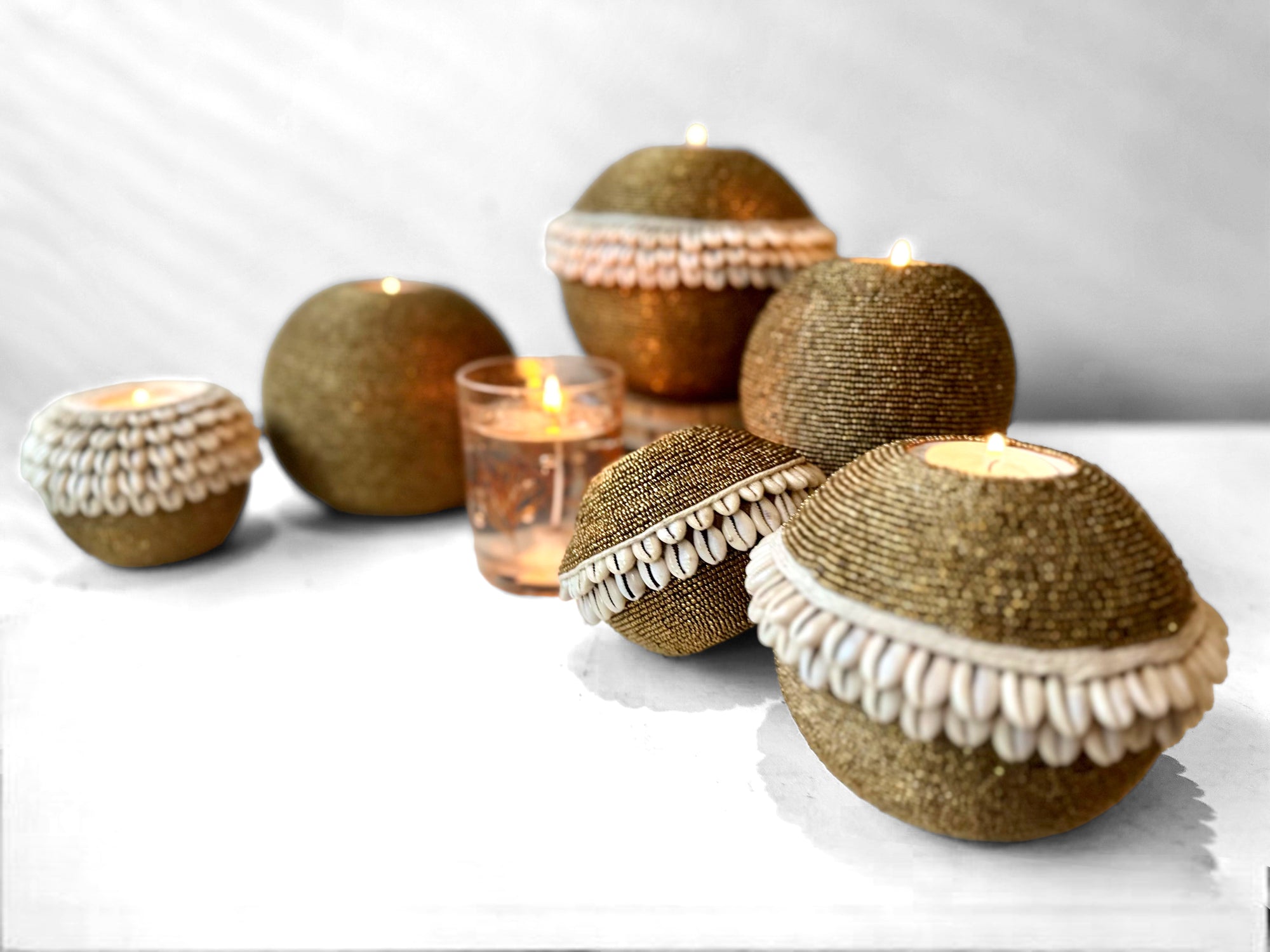 NEW -  SHELL / Beaded Tea Lights - GOLD - eyahomeliving