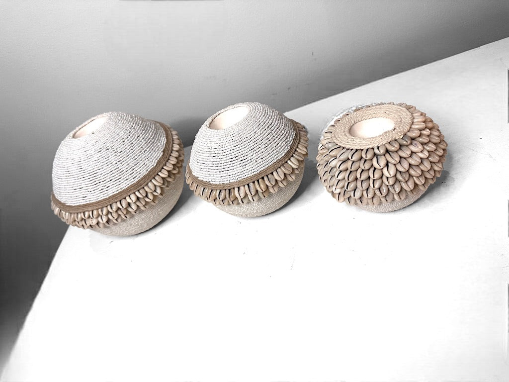 Cowrie Shell / Beaded Tea Lights - Off White