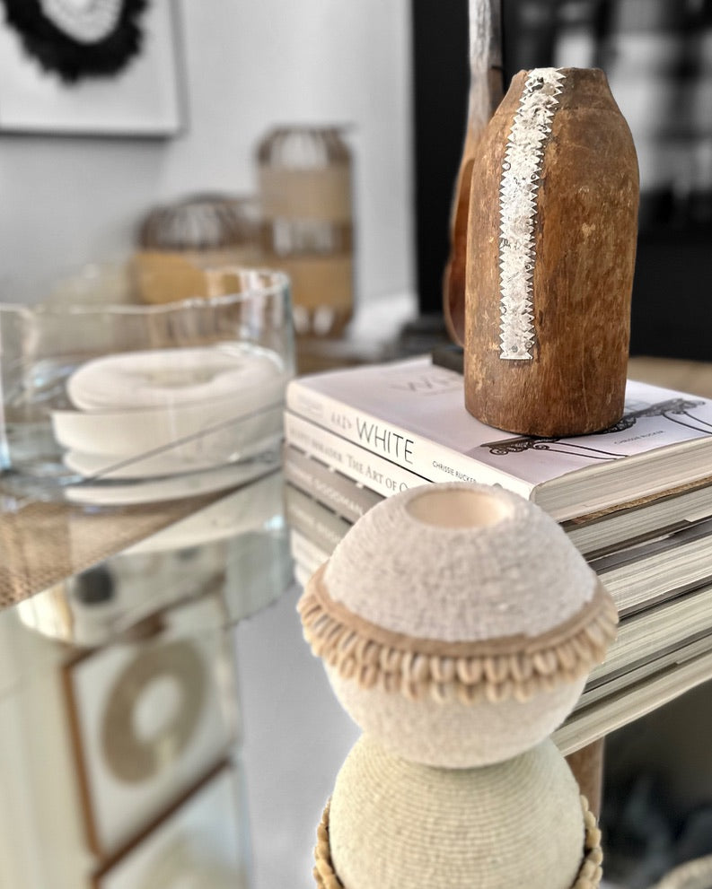 Cowrie Shell / Beaded Tea Lights - Off White