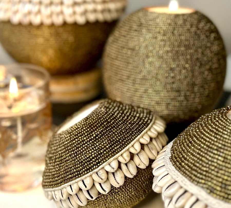 NEW -  SHELL / Beaded Tea Lights - GOLD - eyahomeliving