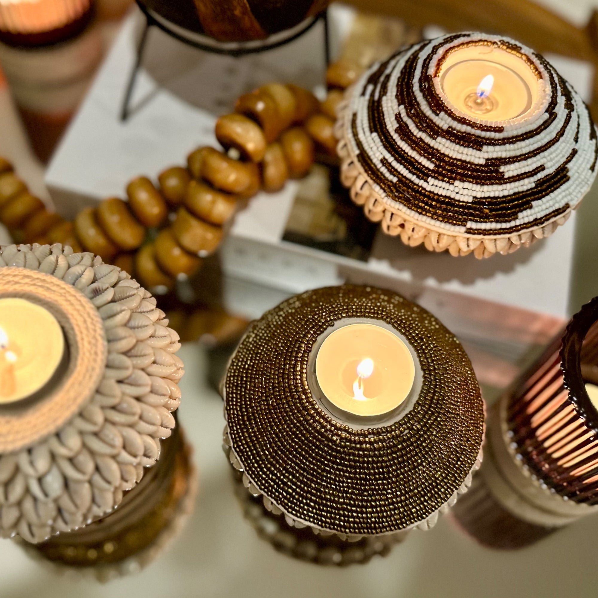 NEW - SHELL / Beaded Tea Lights - White/Copper - eyahomeliving