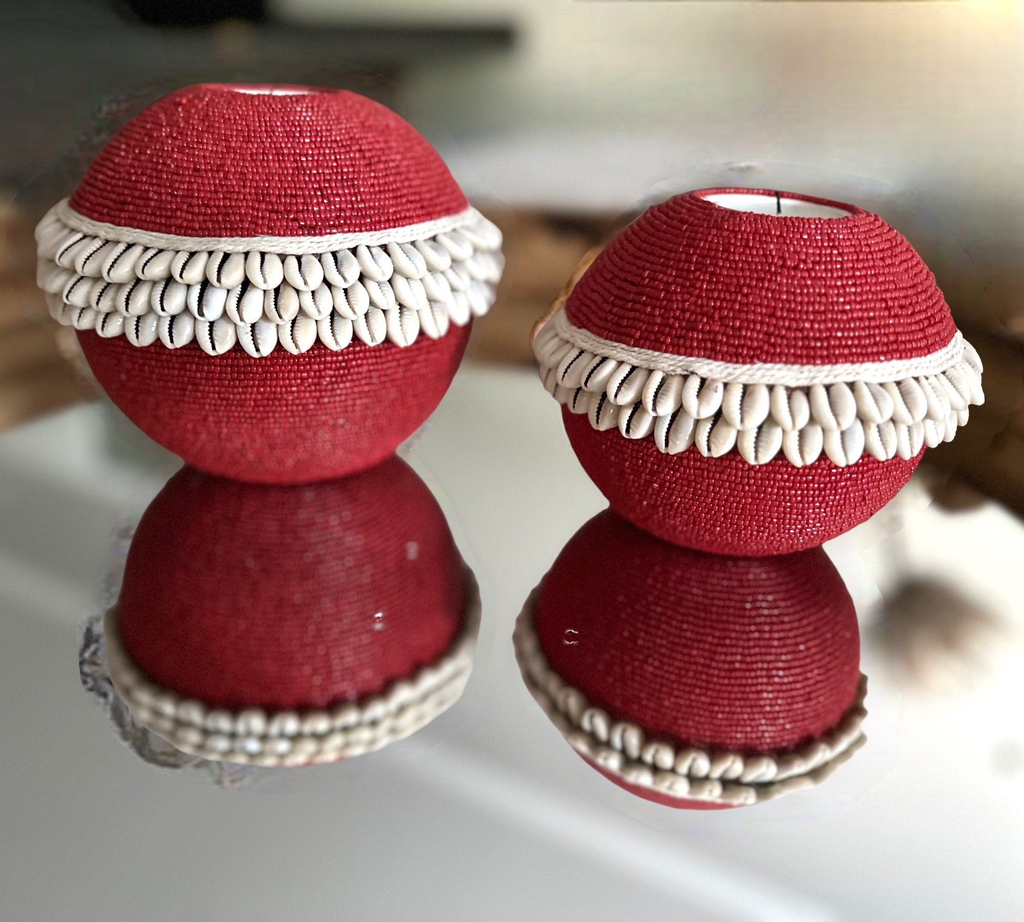 Beaded/Shell Tea Lights - RED - eyahomeliving