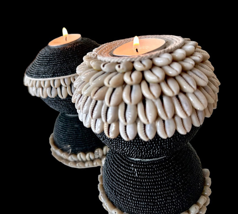 NEW -  SHELL / Beaded Tea Lights - Black - eyahomeliving