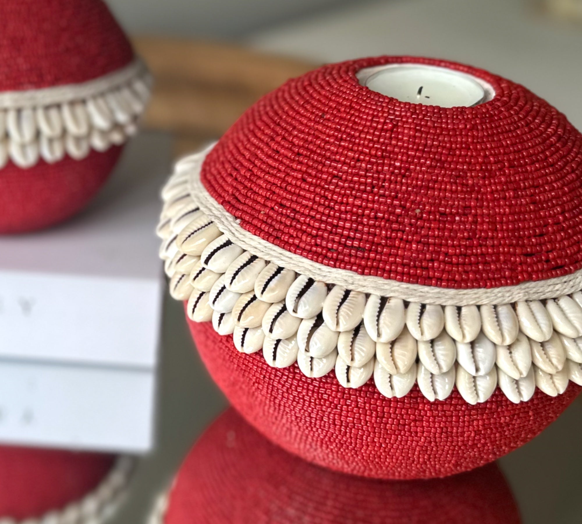 Beaded/Shell Tea Lights - RED - eyahomeliving