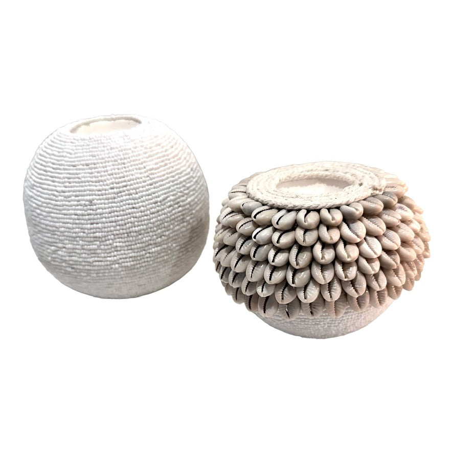 Cowrie Shell / Beaded Tea Lights - Off White