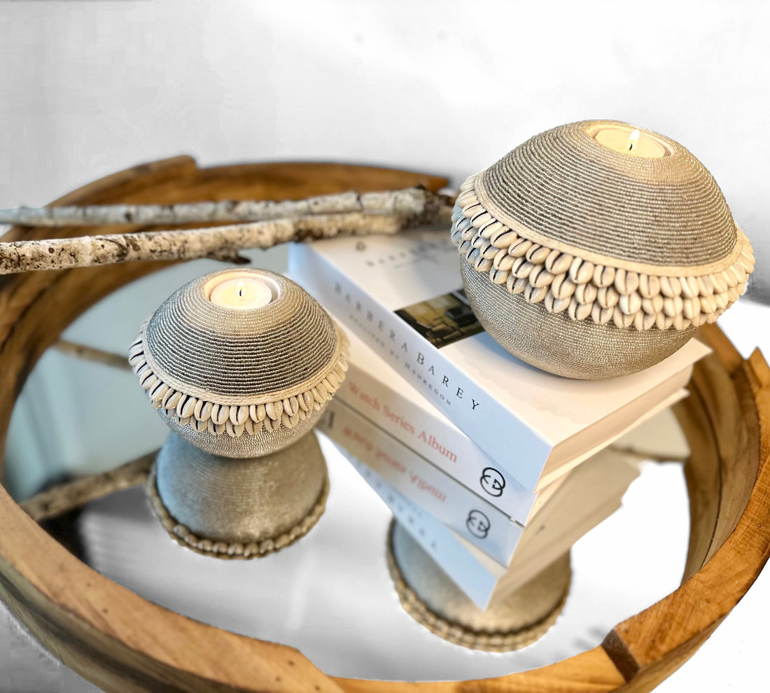 NEW - SHELL / Beaded Tea Lights - SILVER - eyahomeliving