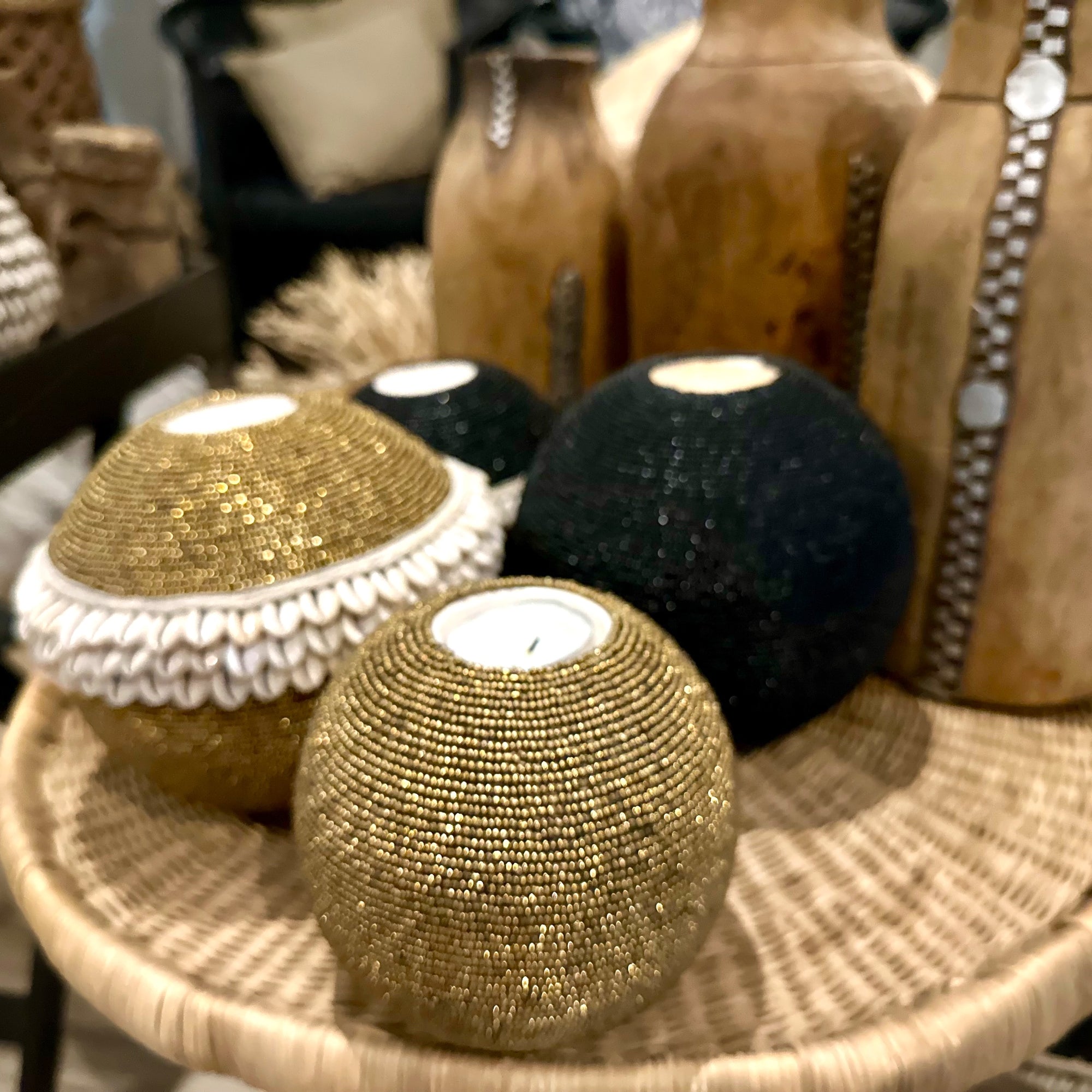 NEW -  Beaded Tea Lights - Gold - eyahomeliving