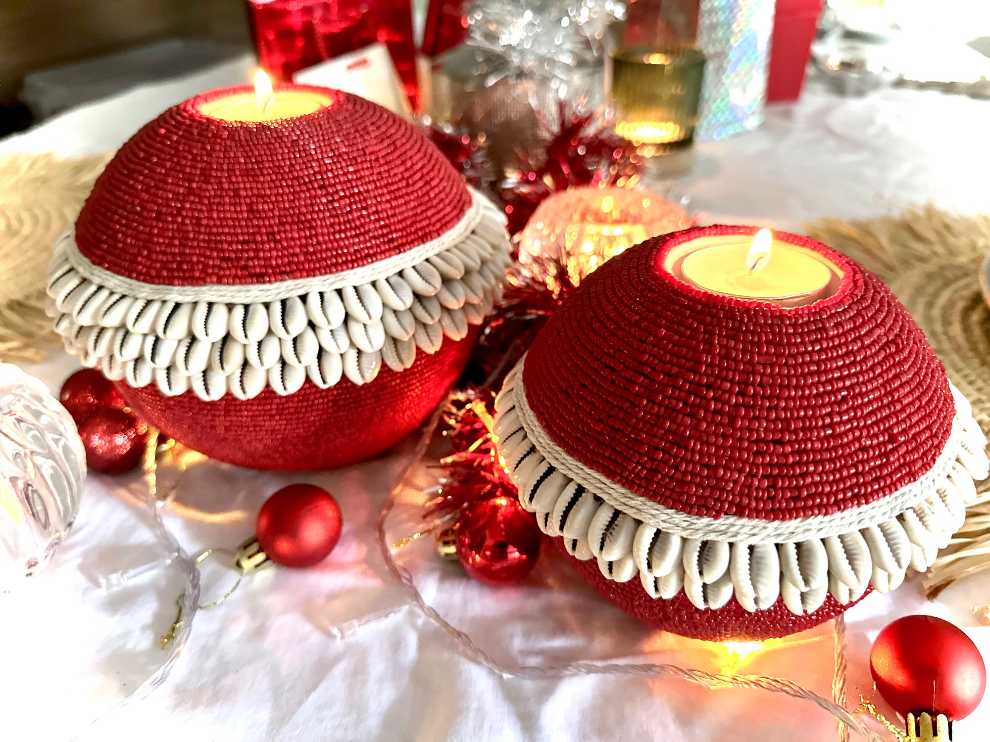 Beaded/Shell Tea Lights - RED - eyahomeliving