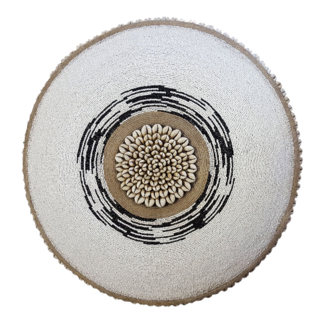 African Beaded Shield - White / Black Detail - eyahomeliving