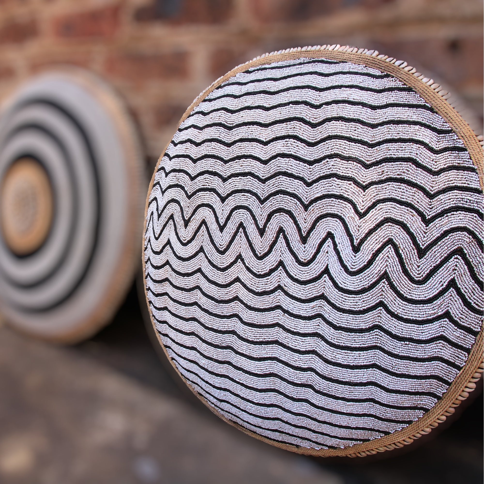 African Beaded Shield - &quot;Wave&quot; Black/White - eyahomeliving